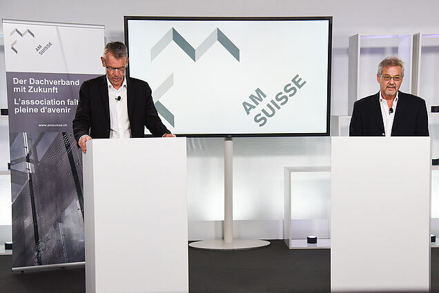 Peter Meier, Zentralpräsident AM Suisse (li.) und René Gujer, Kommissionspräsident Bildung und Wirtschaft.